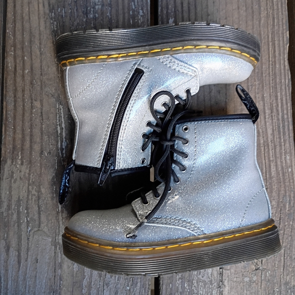 Dr. Martens Silver Glitter Patent Leather Combat Boots Yellow Stitch Toddler 9